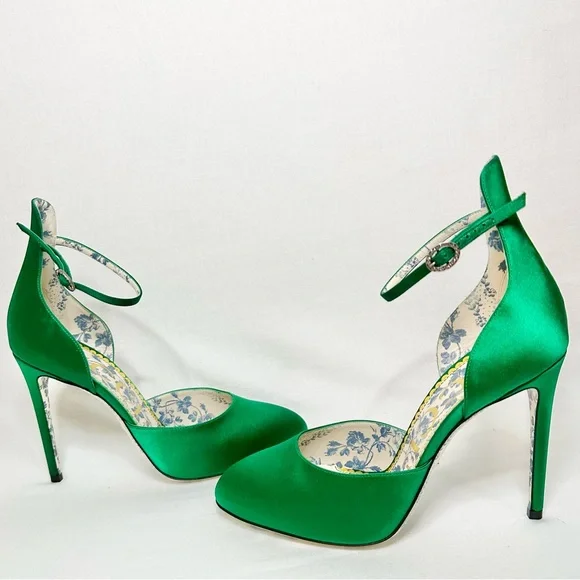 Gucci Emerald Green Satin Ankle Strap D’Orsay Heels Women’s 9.5 With Box